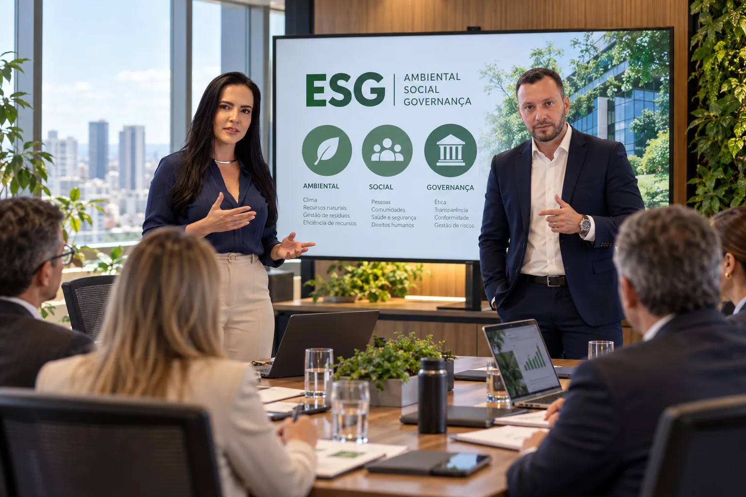 Luana Guimarães e André Souto apresentam os eixos ambiental, social e de governança (ESG) a uma equipe