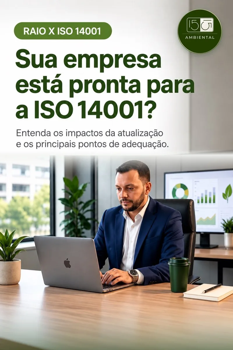Arte da 15&15 Ambiental: "Sua empresa está pronta para a ISO 14001? Entenda os impactos da atualização e os principais pontos de adequação." Profissional analisando indicadores em um notebook.